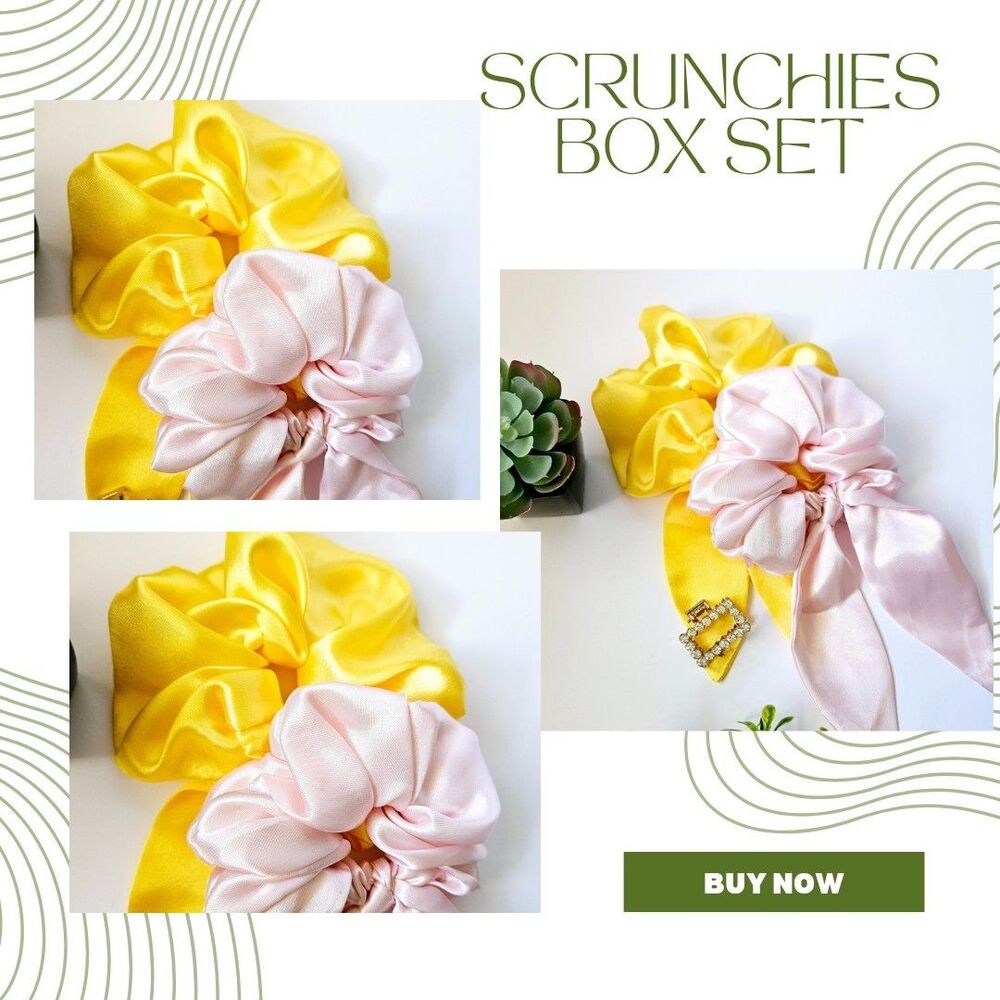 Women Handmade Hair Scrunchies Set Gif 3 Pieces Claw Clip Pink Yellow